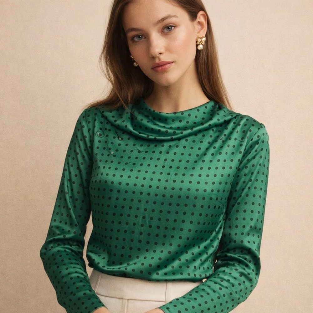 Zara Green Satin Polka Dot Long-Sleeve Blouse